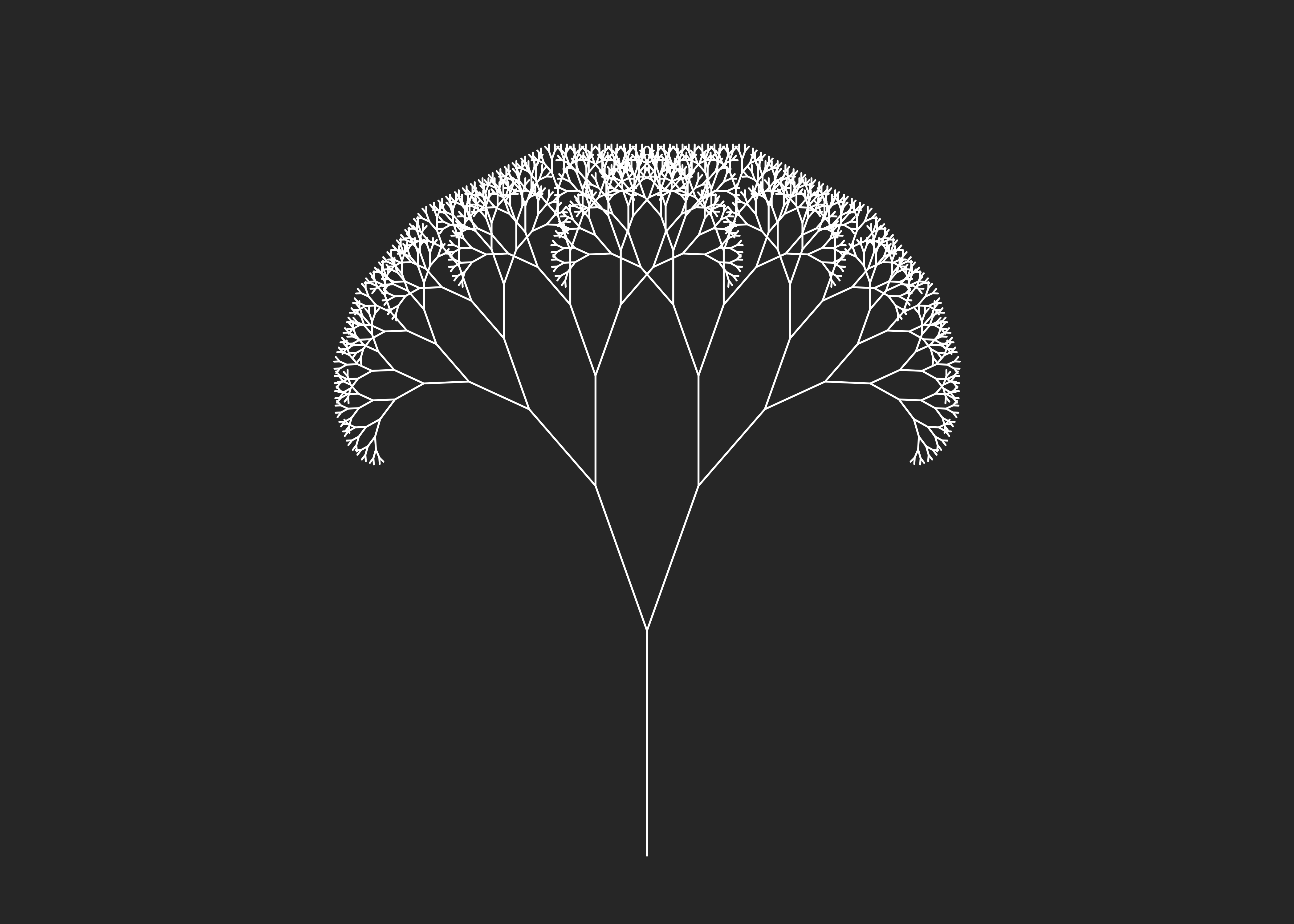 A fractal tree illustrating branching similar to circulation in the animal. Source code for this fractal tree thanks to Martin Stefan:  https://rpubs.com/mstefan-rpubs/fractals